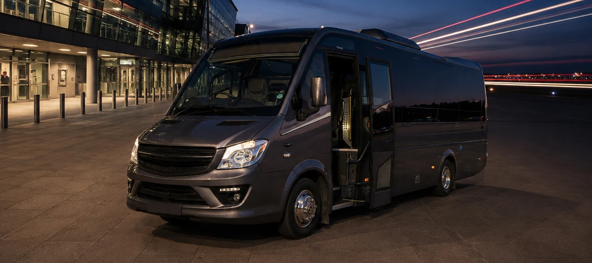 37-seater executive coach outside an airport terminal at dusk